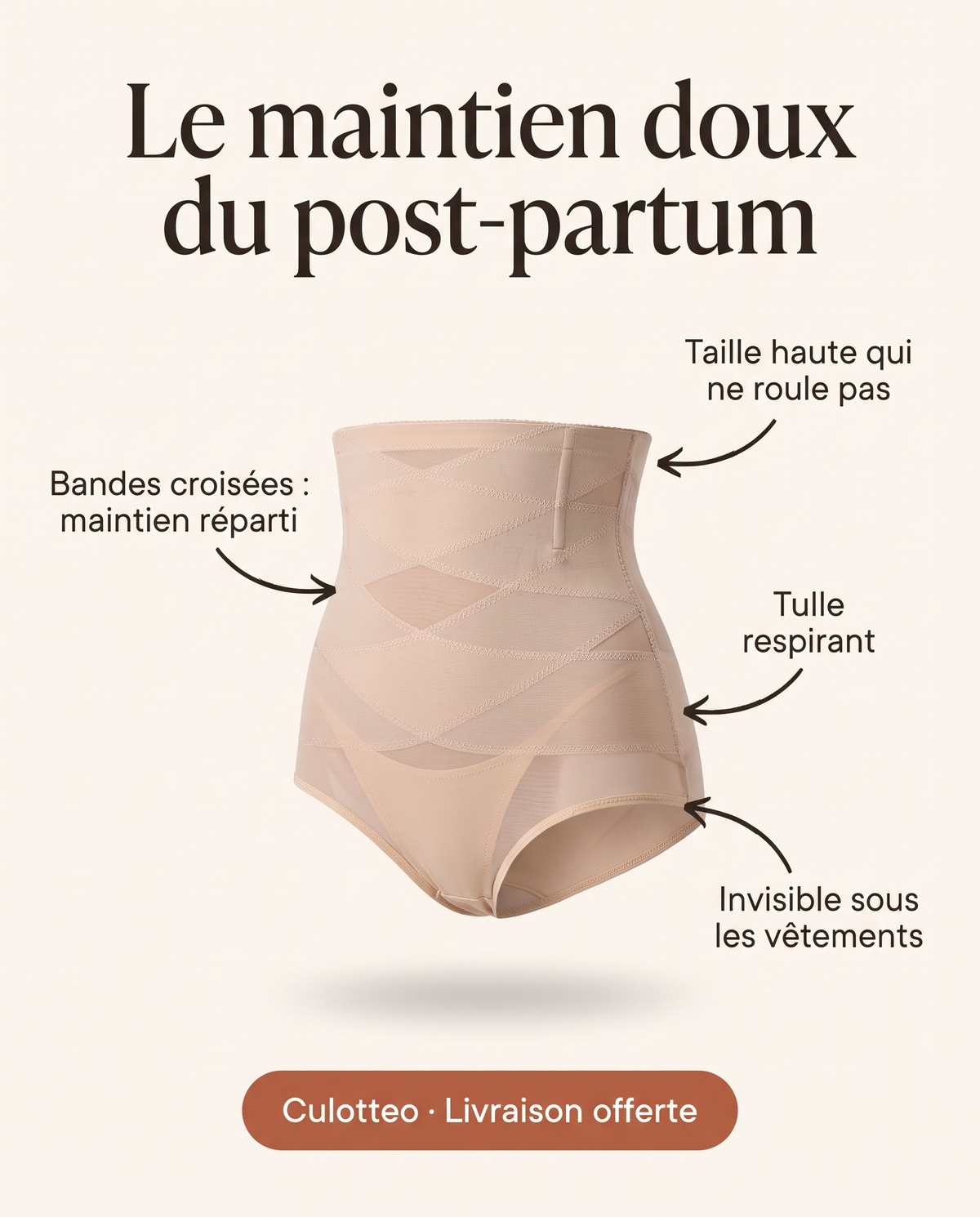 Les atouts de la culotte Culotteo : bandes croisées, taille haute, tulle respirant, invisible