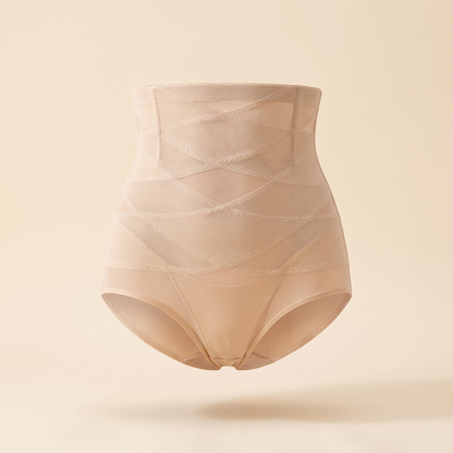Culotte post-partum taille haute Culotteo beige, bandes croisées en tulle